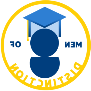 A seal featuring a grad cap above the silhouette of a student. The words "Men of Distinction" are prominently fixed inside the seal.